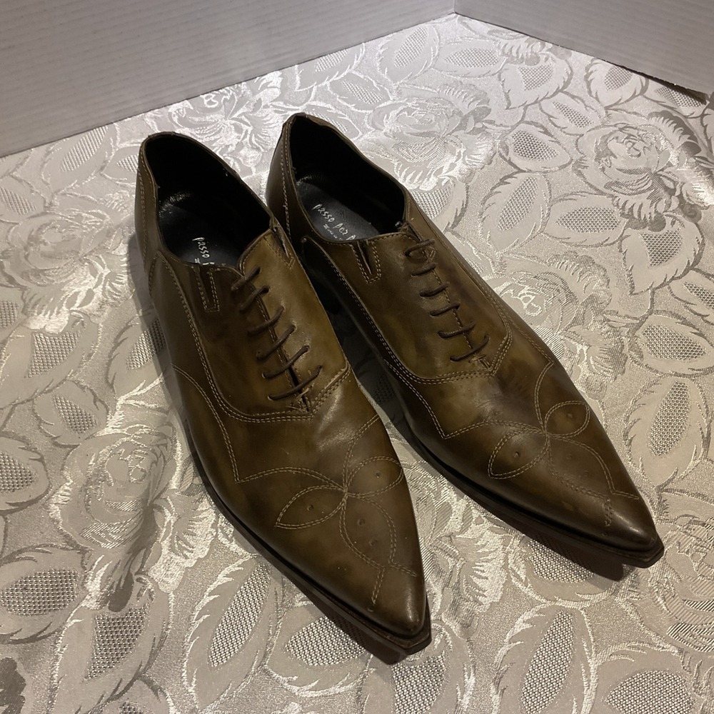Passo Per Passo Oxfords Mens 45 Olive Green Good Pointed Toe Italian Leather